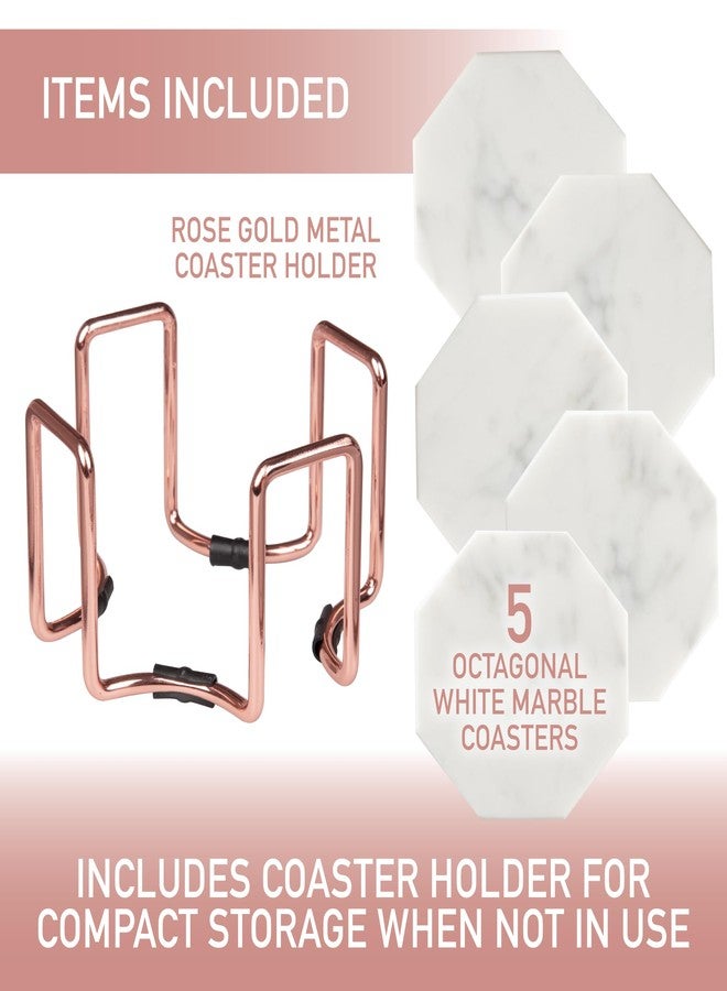 DECO White Carrara Marble Coasters & Rose Gold Coaster Holder (Set of 5)- Durable, Thick Coasters - Protects Any Table Type & Fits Any Coffee Mug, Drinking Glass, Barware- Great Wedding & Holiday XMas Gift - Image 2